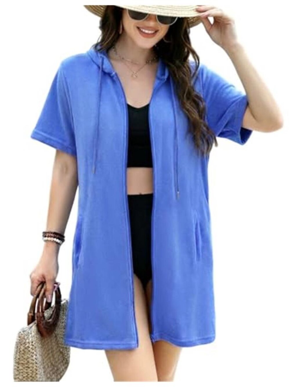 Gihuo Blue Terry Cloth Swim Cover Up Hooded Beach Robe Short Sleeve Dress